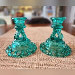 Vintage Aquamarine Doric Lace 1960's Glass Candlestick Holders